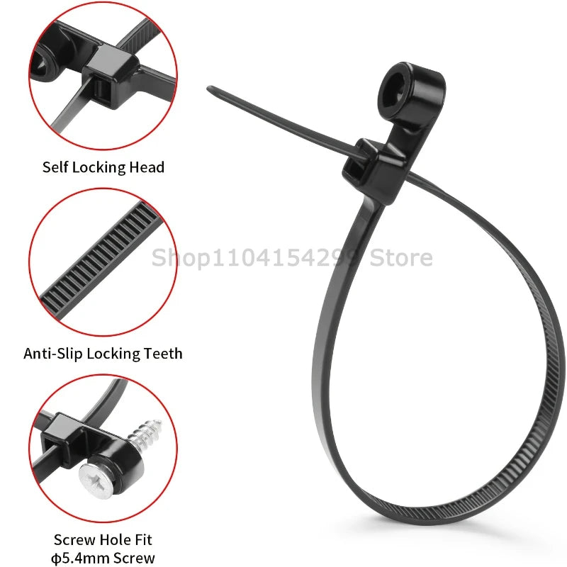 100pcs Nylon Cable Ties with Mounting Screw Hole Self Locking Loop Wraps Zipper Cables Tie Wire Fastening Straps Bundle Tool