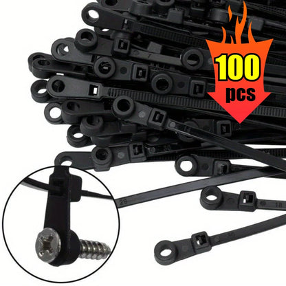 100pcs Nylon Cable Ties with Mounting Screw Hole Self Locking Loop Wraps Zipper Cables Tie Wire Fastening Straps Bundle Tool