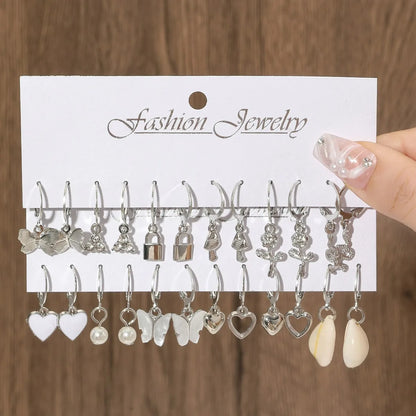 Heart Pearl Dangle Earrings Set Metal Gold Color Butterfly Locks Earrings for Women Shell Trendy Jewelry Hoop Earrings 2024