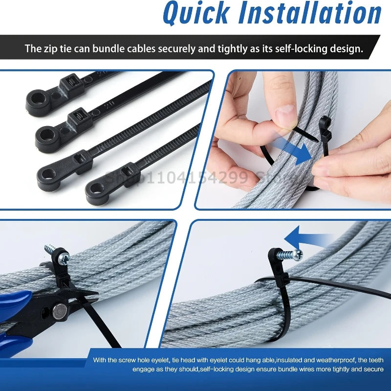 100pcs Nylon Cable Ties with Mounting Screw Hole Self Locking Loop Wraps Zipper Cables Tie Wire Fastening Straps Bundle Tool