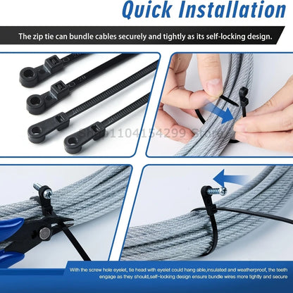 100pcs Nylon Cable Ties with Mounting Screw Hole Self Locking Loop Wraps Zipper Cables Tie Wire Fastening Straps Bundle Tool