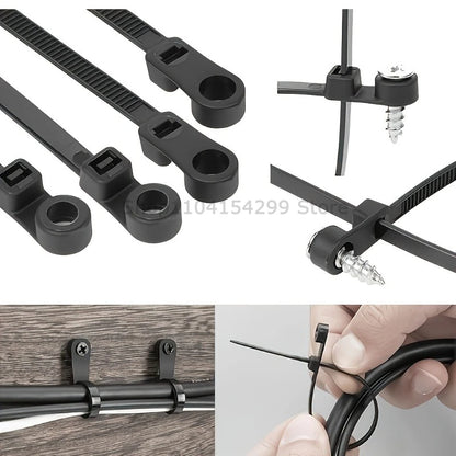 100pcs Nylon Cable Ties with Mounting Screw Hole Self Locking Loop Wraps Zipper Cables Tie Wire Fastening Straps Bundle Tool