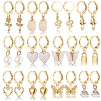 Heart Pearl Dangle Earrings Set Metal Gold Color Butterfly Locks Earrings for Women Shell Trendy Jewelry Hoop Earrings 2024